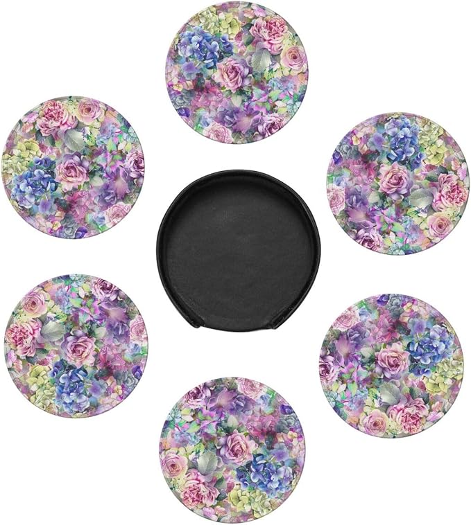 Watercolor Rose Flowers Leather Coasters Set of 6 - Image 7