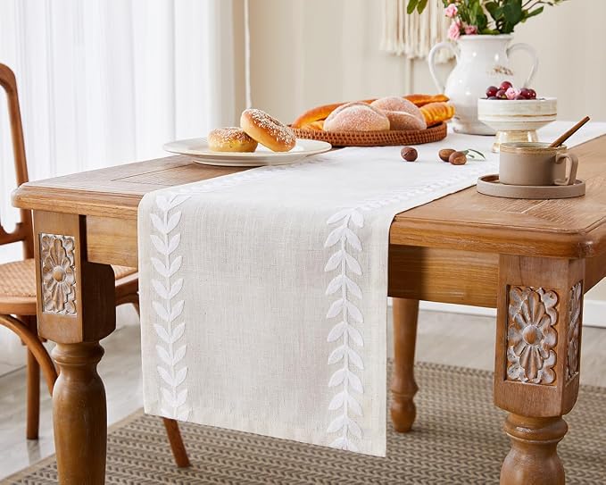 Linen Embroidered Table Runner, Farmhouse Irregular Willow Leaf Table Runner - Image 8