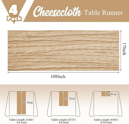 4 Pack Beige Table Runner 17 x 108inch Cheesecloth Table Runner Boho Gauze - Image 3