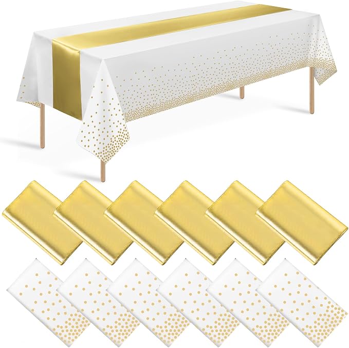 12 Pack White and Gold Tablecloth and Table Runner Set Party Decorations by Zachely