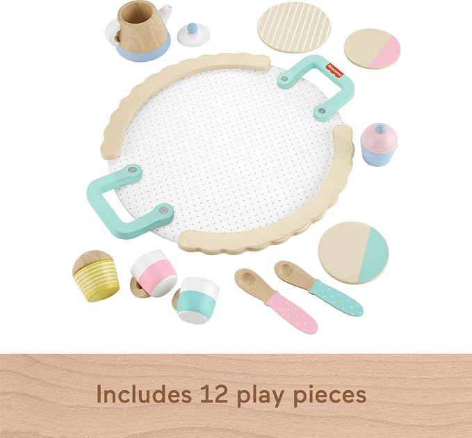 Fisher-Price Wood Pretend Play Toy Tea Set, 12-Piece Wooden Playset - Image 5