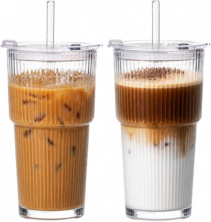 20oz Iced Coffee Cups with Lids, Glass Coffee Cups with Lids and Straws | Clear by VA1KENE