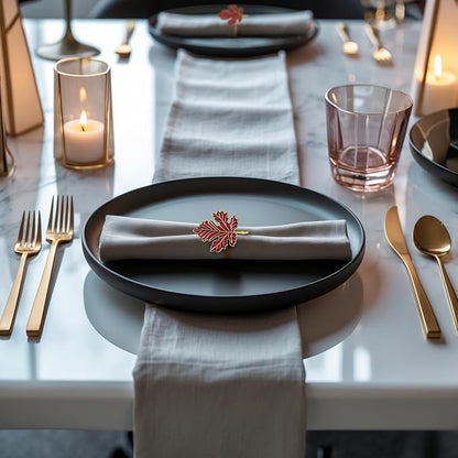 Decozen Set of 4 Red Gold Napkin Rings in Maple Design, Festive, Table Decor Setting for Holiday, Wedding, Birthday, Kitchen, Home Decor, Housewarming Gift - Thanksgiving Decoration