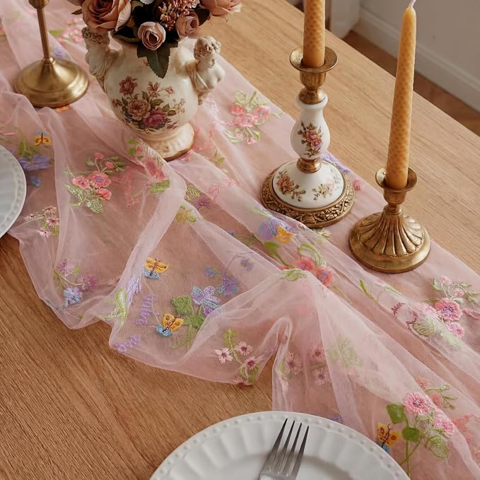 Pink Floral Table Runner 10ft Embroidery Tulle Spring Wildflower Table Runner - Image 3