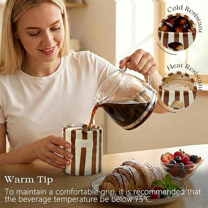 Ceramic Coffee Mug with Half Lid, 12oz Handmade Retro Striped Travel Mug - Image 2