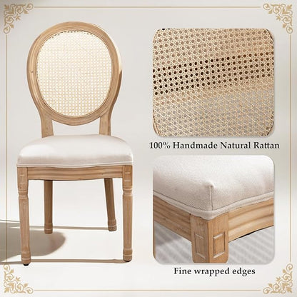 SoarFlash French Dining Chairs Set of 4, Vantage Dining Chair with Round Back, Farmhouse Country Rattan Dining Chair for Kitchen,Bedroom,Beige