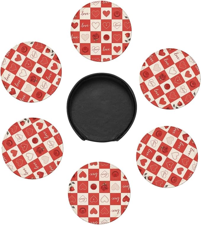 Romantic Love Hearts Checkered Roses Leather Coasters Set of 6 - Image 5