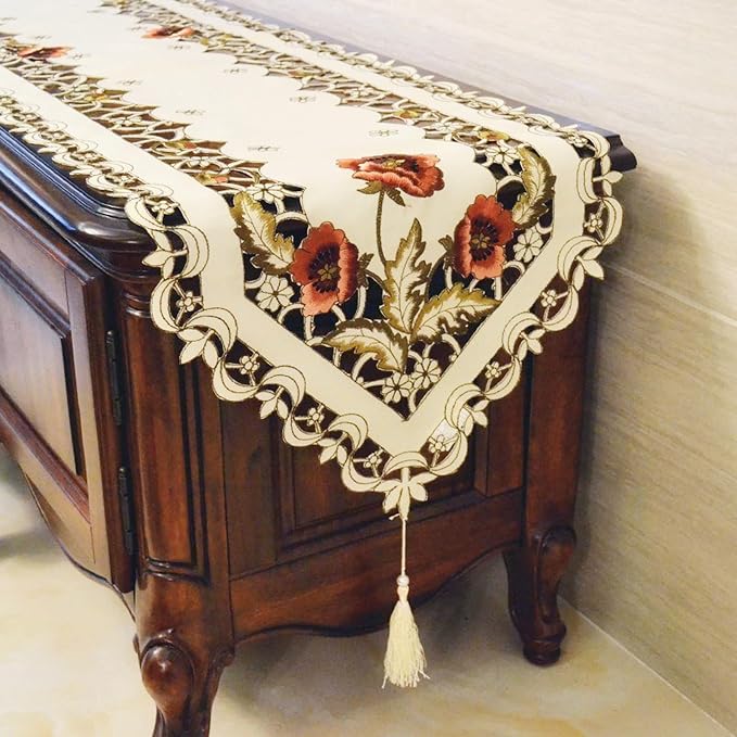 LeLehome 15" X 77" Rufous Flowers Embroidery Beige Table Runner, Floral Rose - Image 4