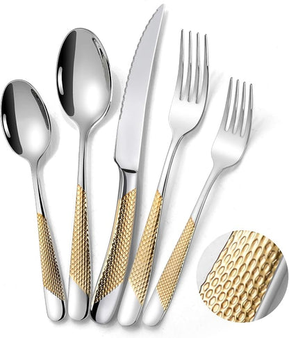 40-Piece Hammered Silver Gold Silverware Set by Lemeya