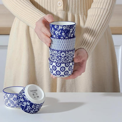 vancasso Selene 4 oz Mini Ceramic Ramekins Set of 6, Oven-Safe Baking Cups for Crème Brûlée, Soufflés, Desserts, Handcrafted Blue and White Patterns