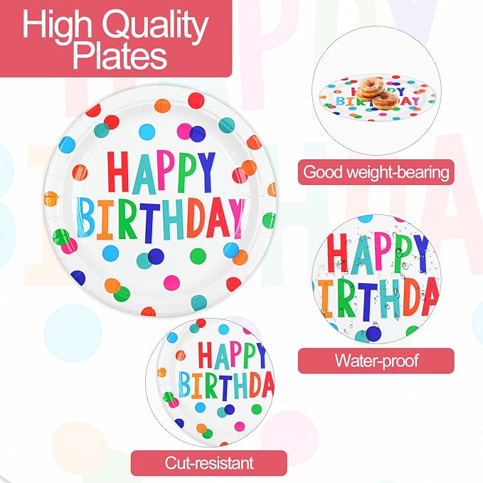 50PCS Birthday Plates and Napkins Party Decorations, 7inch Colorful Dots Happy - Image 4