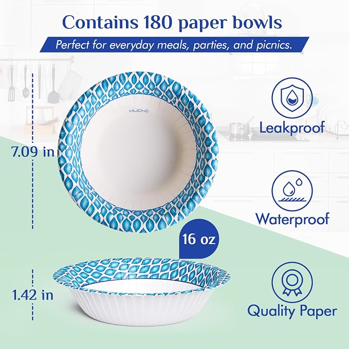 MUCHII 180 Count Paper Bowls 16 oz, Printed Soak Proof Disposable Bowls Bulk - Image 3