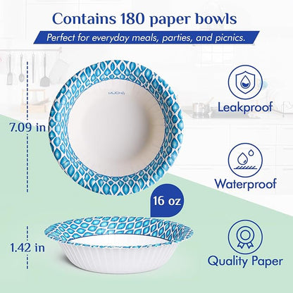 MUCHII 180 Count Paper Bowls 16 oz, Printed Soak Proof Disposable Bowls Bulk - Image 3