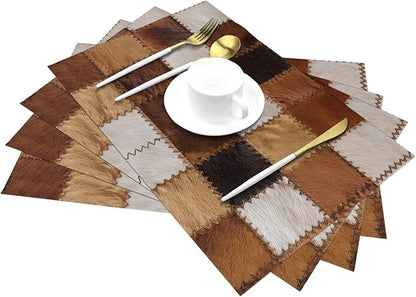Cowhide Placemats Set of 4 Washable Table Place Mats for Dining Kitchen Party Decor