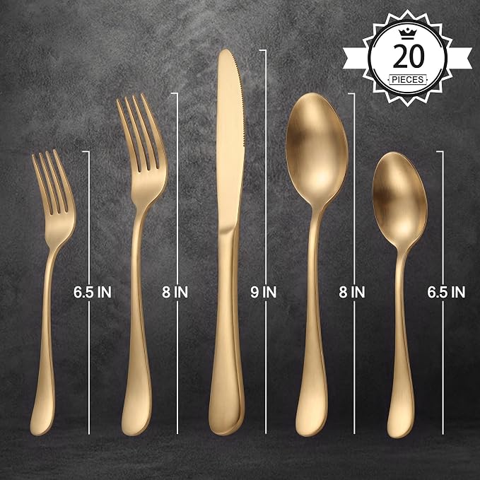 LIANYU 20 Piece Matte Gold Silverware Set, Stainless Steel Gold Flatware | - Image 7
