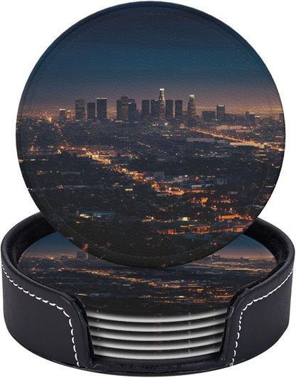 6Pcs PU Leather Coaster for Drinks, Los Angeles Skyline Cup Coasters by WSOIHFEC