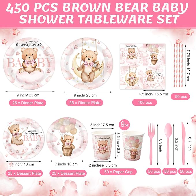 450 Pcs Pink Bear Baby Shower Tableware Set Decorations, Serves 50 | We Can - Image 2