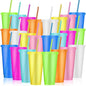 24 Pack Plastic Tumblers with Lids and Straw, Reusable Cups with Lids and by LEIFEOSH