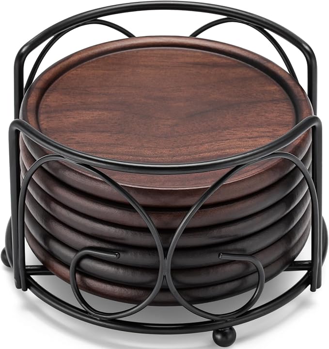 Wood Coasters with Metal Holder, GOH DODD Set of 6 Walnut Wooden Coaster by GOHDODD