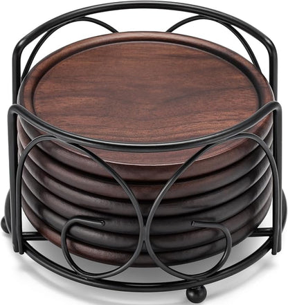 Wood Coasters with Metal Holder, GOH DODD Set of 6 Walnut Wooden Coaster by GOHDODD