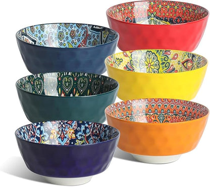 KitchenTour Cereal Bowls Set of 6, 26 oz Ceramic Soup Bowls for Kitchen, 6.3 Inch Colorful Serving Bowls for Oatmeal, Salad, Pasta, Dessert - Microwave & Dishwasher Safe