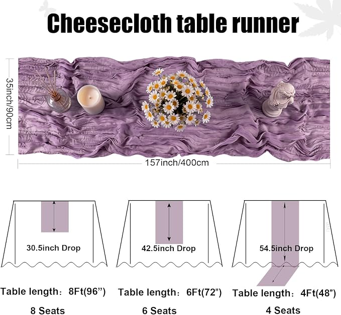 Purple Cheesecloth Table Runner 13.3FT Long Boho Gauze Sheer Fabric Table - Image 2
