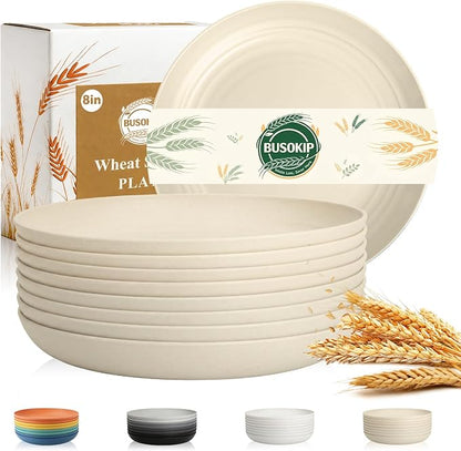 Kitchen Plates Set of 8, Wheat Straw Plate 8 Inch, Unbreakable & Lightweight by BUSOKIP