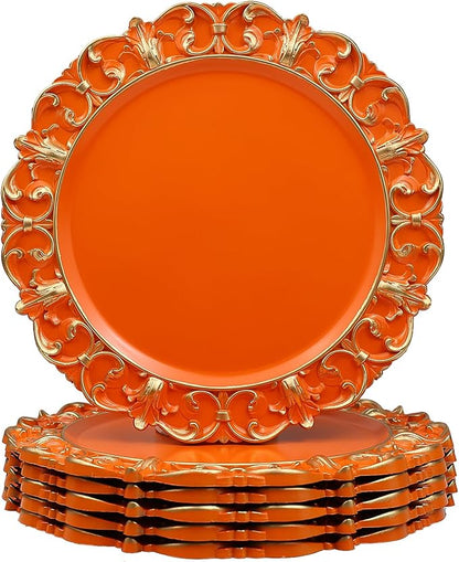 Orange Charger Plates Set of 6, Decorative Table Plastic Chargers for Dinner Plates, Party, Wedding, Thanksgiving, Christmas, FD15O