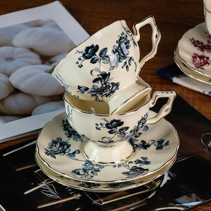 KAMMAK Tea Cups and Saucers Set of 2, 6.8 oz Porcelain Coffee Cups, 563N | - Image 4