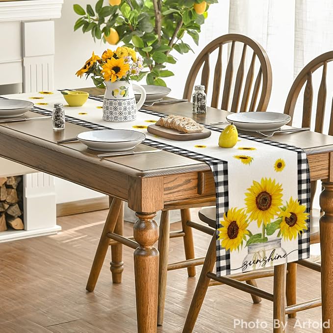 Artoid Mode Buffalo Plaid Sunflower Vase Sunshine Summer Table Runner, Spring - Image 4