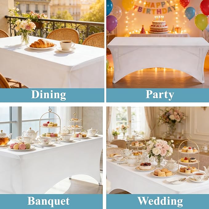 VidaFete Spandex Tablecloth 2 Pack 8FT, Fitted Stretch Table Cover for Rectangle Tables, Wrinkle Resistant and Washable Tablecloths for Outdoor, Picnic, Party, Wedding, Banquet, Birthday, White