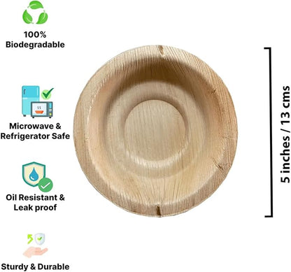 Harshu Areca Round Flatware - 20 Pack, Biodegradable Palm Leaf Plates, Eco-Friendly Disposable Tableware for Parties, Events, and Catering (Round Bowl, 5" (13cm) - 20 Pack)
