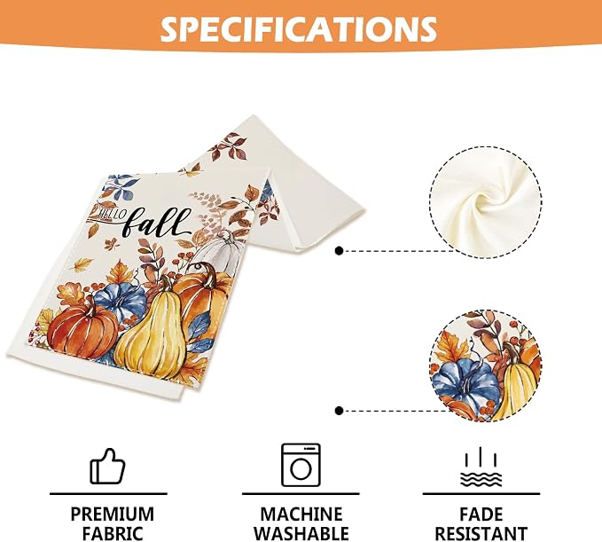 Hello Fall Pumpkin Table Runner Autumn Leaves Harvest Burlap Table Runners - Image 6
