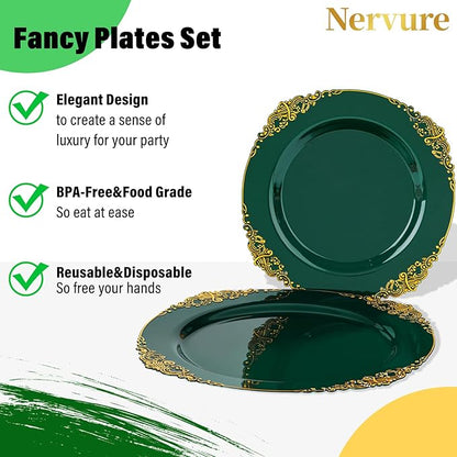 Nervure 175PCS Green Plastic Plates - Disposable Green Gold Party Plates & Pre Rolled Napkins with Cutlery for 25 Guests, 50Plates, 75Silverware, 25Cups, 25Napkin for Wedding & Party