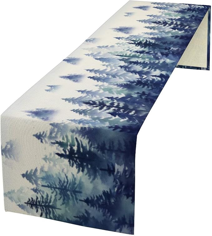 Watercolor Blue Pine Trees Table Runner, Forest Woodland Tabletop Scarf Home by SXXLDNG