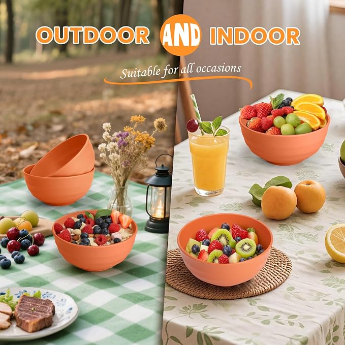 Large Bowl Set of 8, 60 oz Orange Wheat Straw Bowls, Unbreakable & Microwave - Image 7