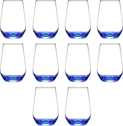 DISCOUNT PROMOS 10 Vaso Silicia Stemless Wine Glasses Set, 16 oz. - Clear, Orb-Like, Thick base - Blue