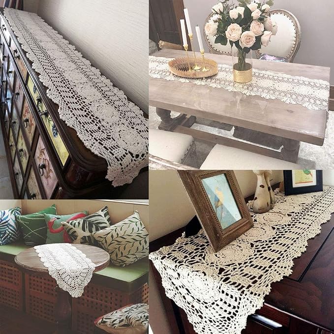 Cotton Handmade Crochet Lace Oval Table Runner Blue 12x48 Inch - Image 3