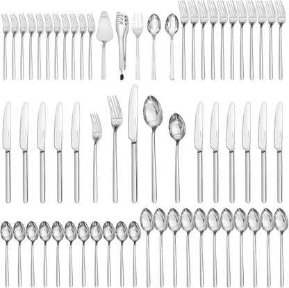 KINGSTONE Silverware Set With Serving Utensils, 65 Piece Flatware for 12, 18/10 Cutlery With 5 Piece Serving Utensil Set - Modern and Original Design, Dishwasher Safe