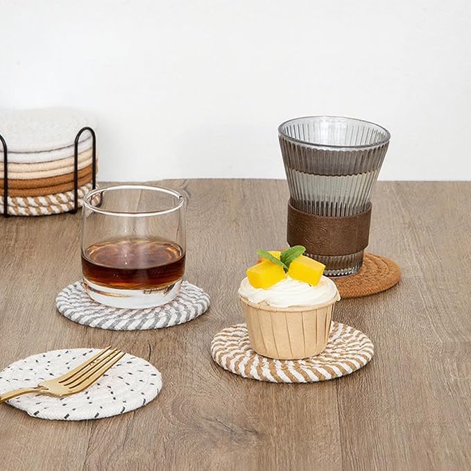 8 Pcs Drink Coasters with Holder, Handwoven Cotton Coasters Set Stackable Absorbent Minimalist Home Decor for Table, Cup, Mug (White)