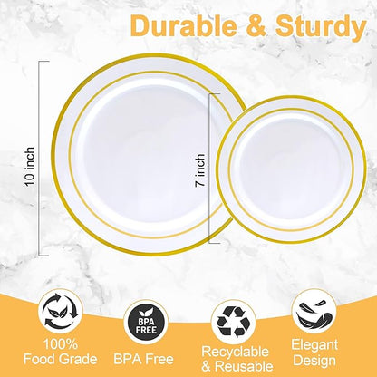 100 PCS Gold Plastic Plates, White and Gold Plastic Plates Include 50 Dinner Plate and 50 Dessert Plate Perfect for Holiday, Party & Wedding