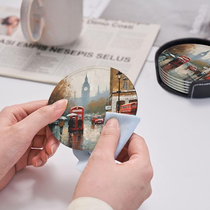 6Pcs PU Leather Coaster for Drinks, London Impression Cup Coasters - Image 4