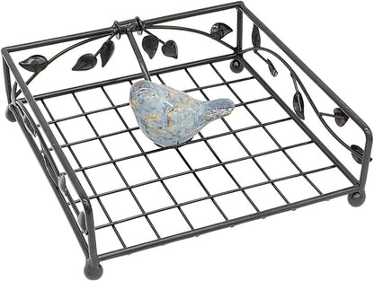 OwlGift Collection Black Coated Metal Flat Napkin Holder Dispensing Stand w/Ceramic Bird, Kitchen and Countertop Flat Napkin Storage Organizer