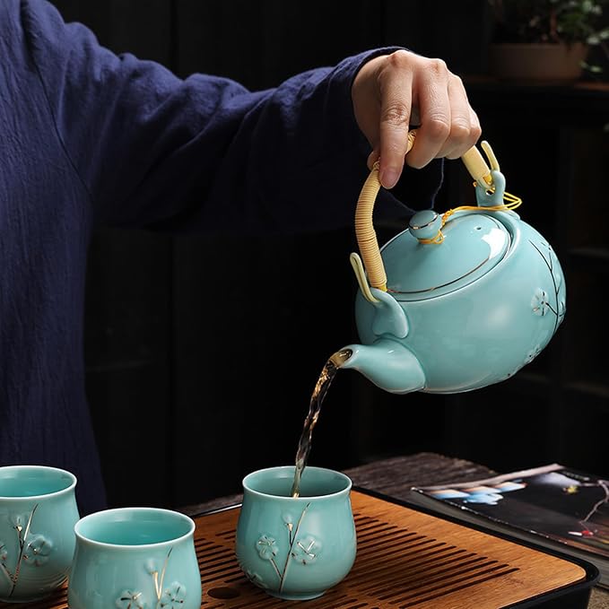 KEYDUACU Japanese Tea Set, Kiln-Formed Ceramic TeaSet, Plum Blossom Embossed - Image 6