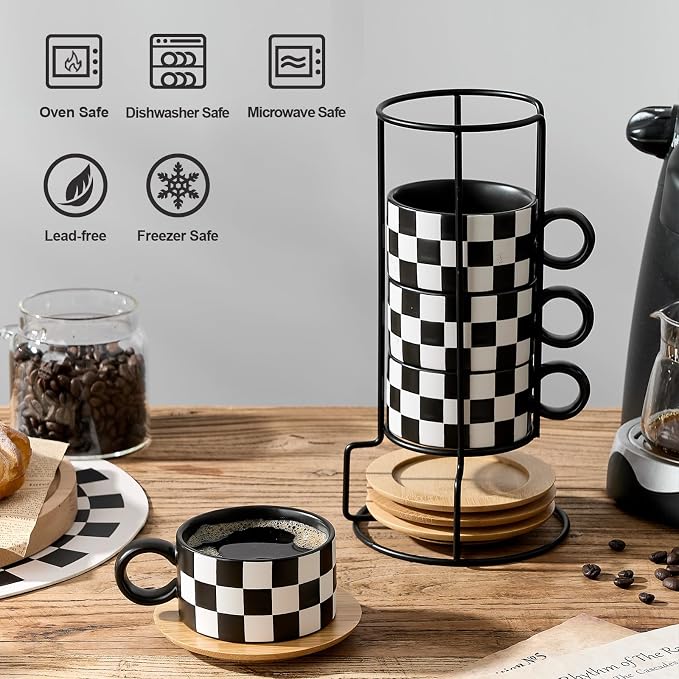 LUKA 6 Ounce Ceramic Stackable Black and White Checkered Espresso Cups - Image 4