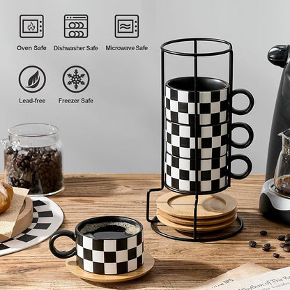 LUKA 6 Ounce Ceramic Stackable Black and White Checkered Espresso Cups - Image 4