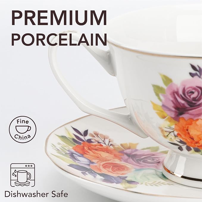 BTaT- Floral Tea Cups and Saucers, 8 oz, Fine Porcelain Teacup Set - Image 4