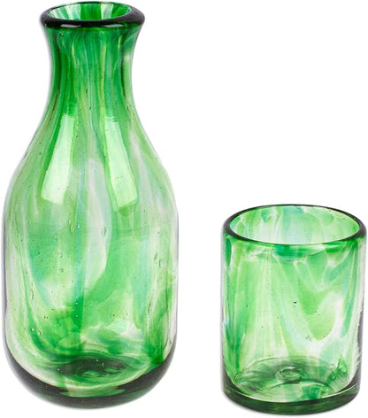 NOVICA Artisan Handblown Recycled Glass Carafe Green Cup Mexico Tableware by Novica