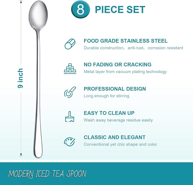 Hiware 8-Piece 9-Inch Long Handle Iced Tea Spoon, Coffee Spoon, Ice Cream Spoons - Image 2