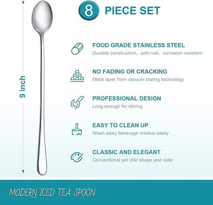Hiware 8-Piece 9-Inch Long Handle Iced Tea Spoon, Coffee Spoon, Ice Cream Spoons - Image 2